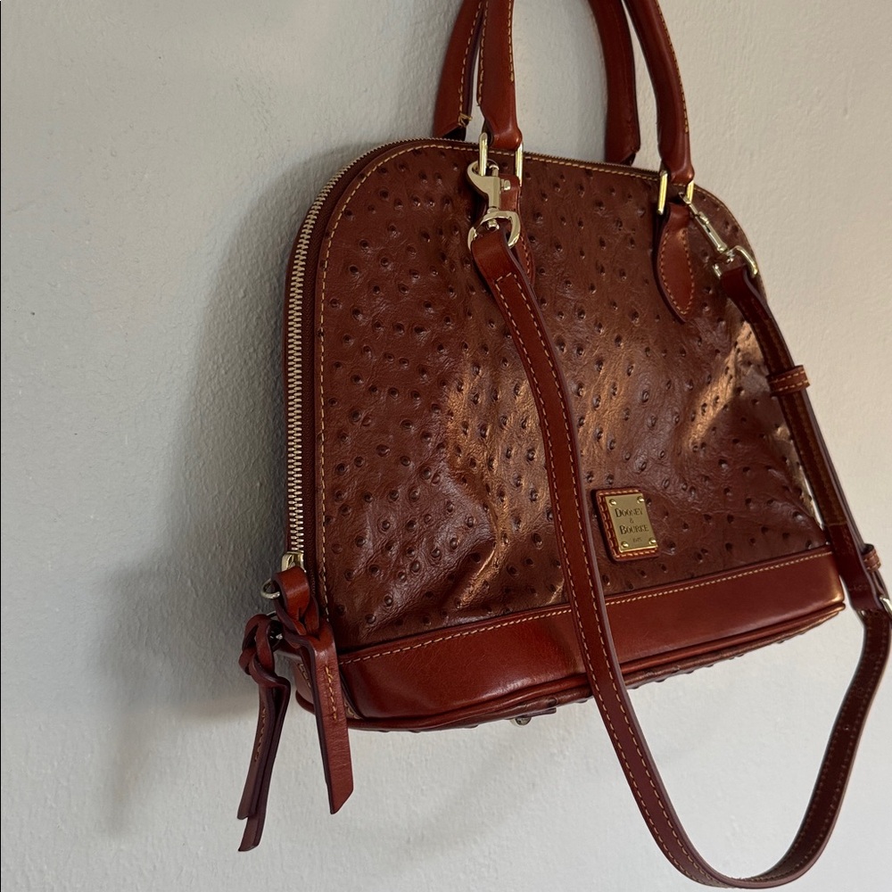 Dooney & Bourke brown ostrich leather zip zip satchel crossbody bag - Picture 5 of 16